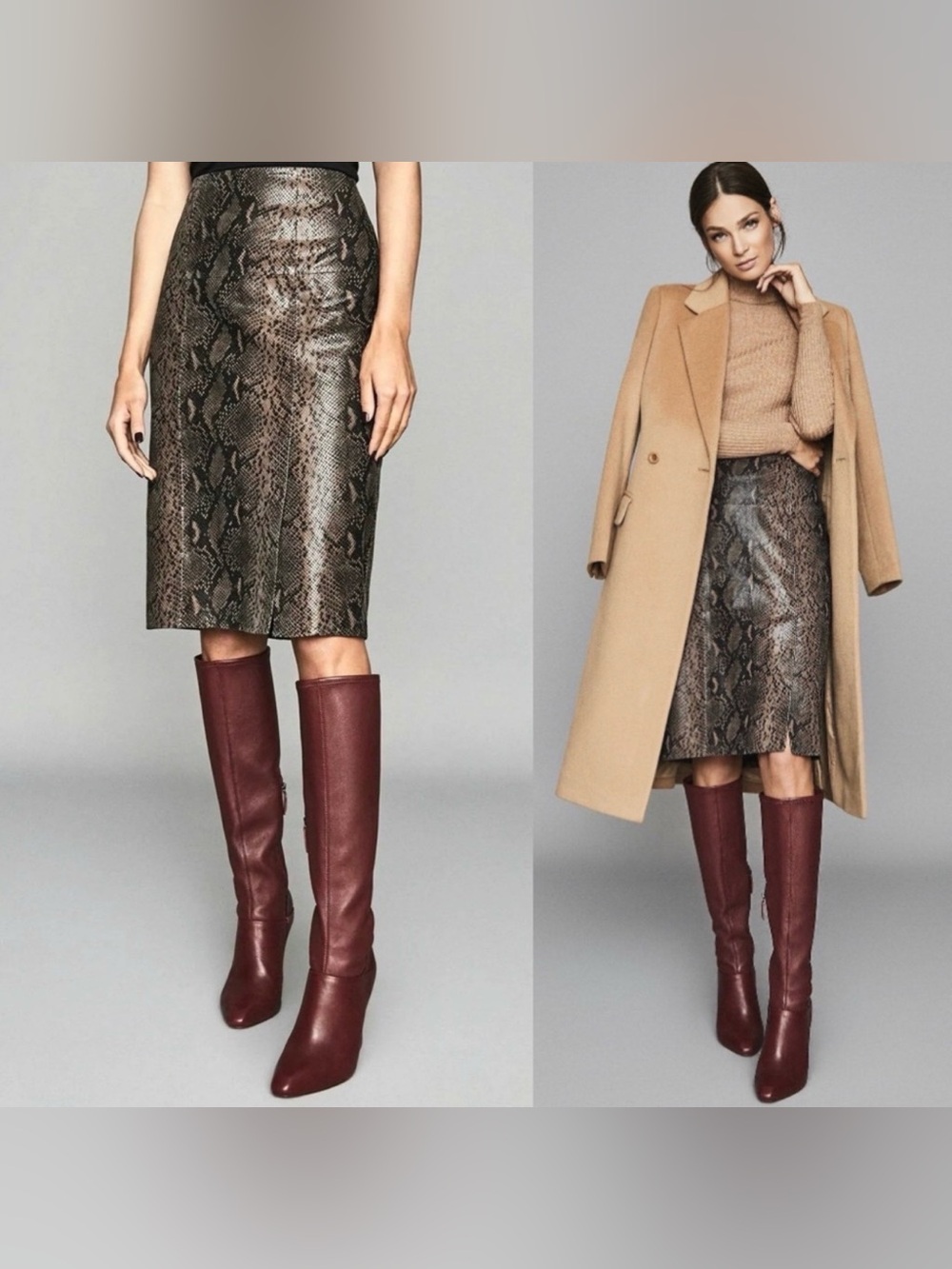 Reiss Brown Snakeskin-Print Midi Pencil Skirt 100% Lamb Leather